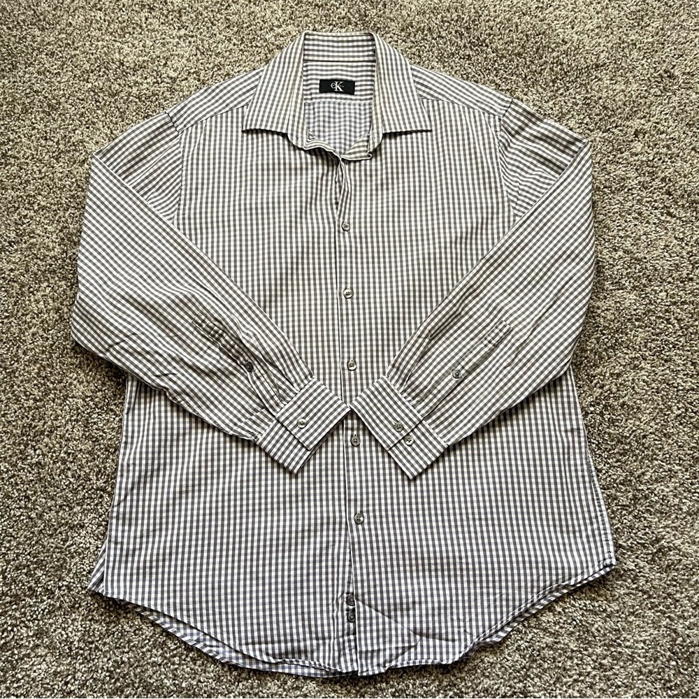 Calvin Klein Gingham Checkered Long Sleeve Cotton Button Down Shirt Large